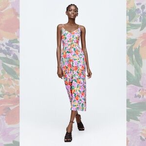 Zara NWT Linen Blend Floral Print Midi Dress